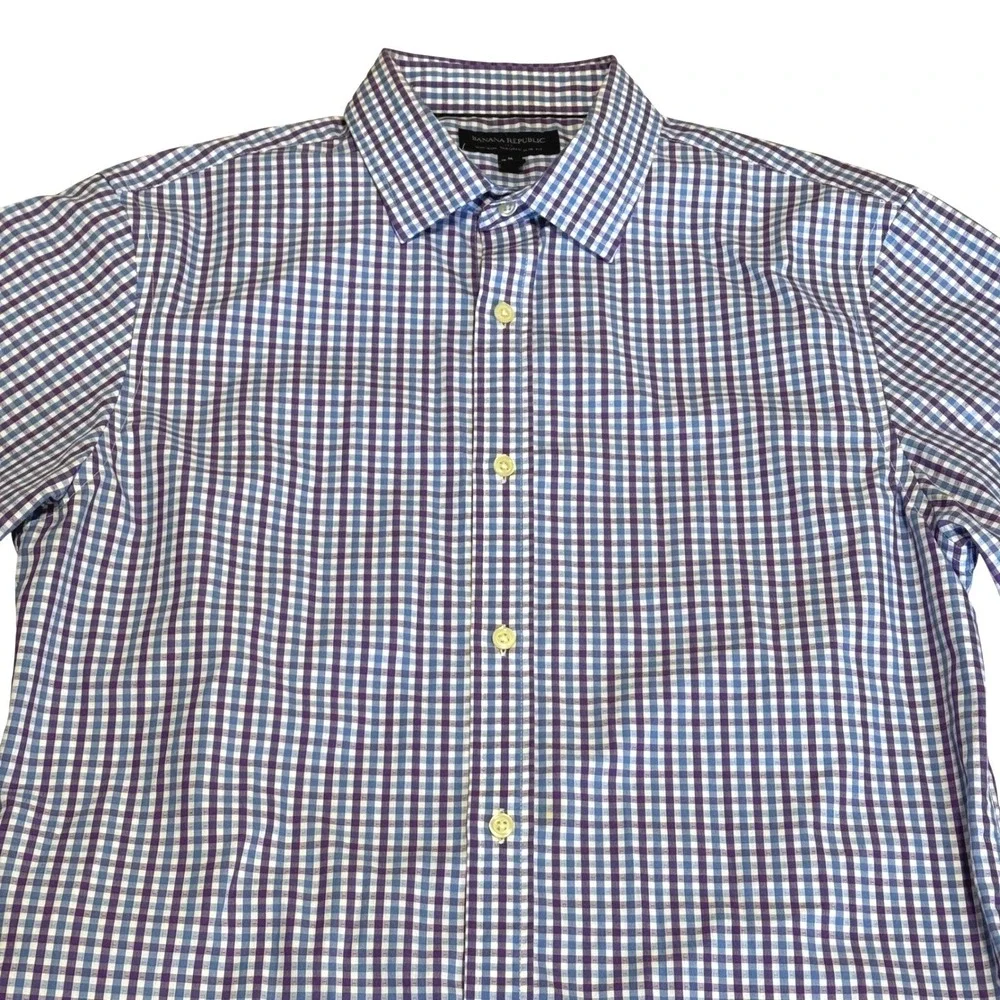 Banana Republic Mens Tailored Slim Fit NonIron Gingham Dress Shirt Blue Purple M